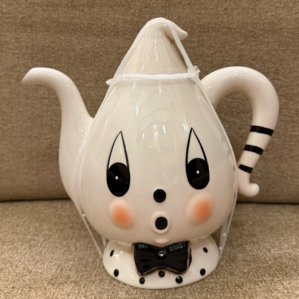 Johanna Parker Ghost Teapot Kettle White Black Polka Dots Stripes Halloween NWT